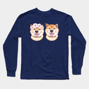 Happy Shiba Inus with Flower Crown Long Sleeve T-Shirt